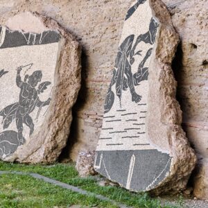 Ancient ruins in rome with gladiator mosiacs of heros